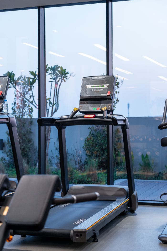 Modern treadmills in a gym with a scenic twilight view in Dubai.